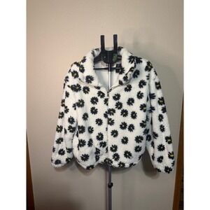 I Believe Women Daisy Floral‎ Sherpa Fleece Full Zip Jacket White Black 2XL